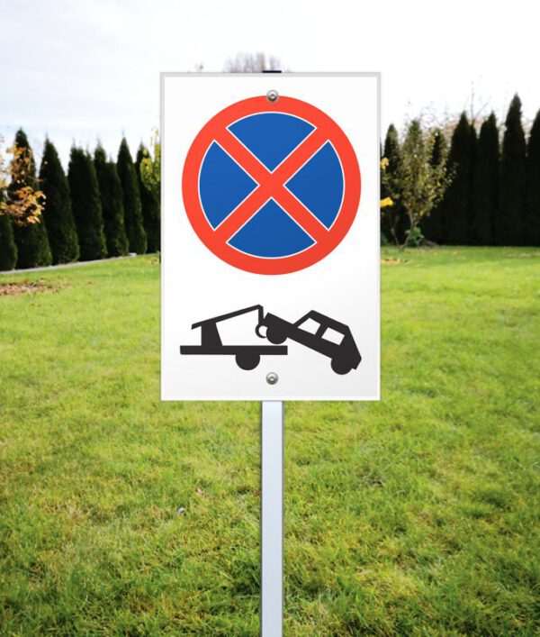 Znak na stelażu aluminiowym Zakaz parkowania + grafika lawety