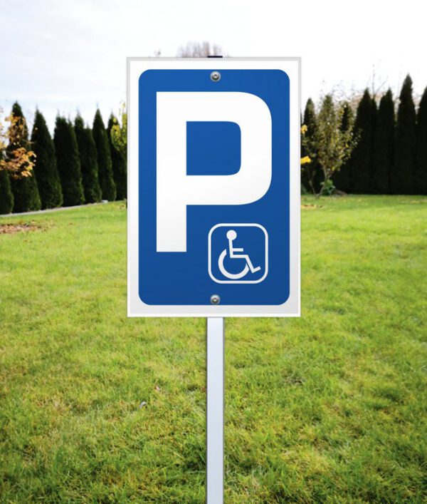 Tabliczka informacyjna na stelażu aluminiowym Parking tylko dla inwalidów + grafika wózka