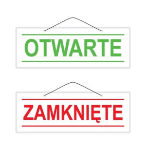Tabliczka "OTWARTE / ZAMKNIĘTE" wersja nr 1. Zielony napis "OTWARTE", czerwony napis "ZAMKNIĘTE" na białym tle z linią nad i pod napisem.