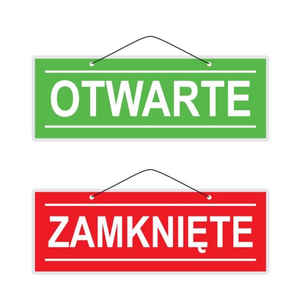 Tabliczka "OTWARTE / ZAMKNIĘTE" wersja nr 1. Napisy białe, tło napisu OTWARTE zielone, tło napisu ZAMKNIĘTE czerwone.