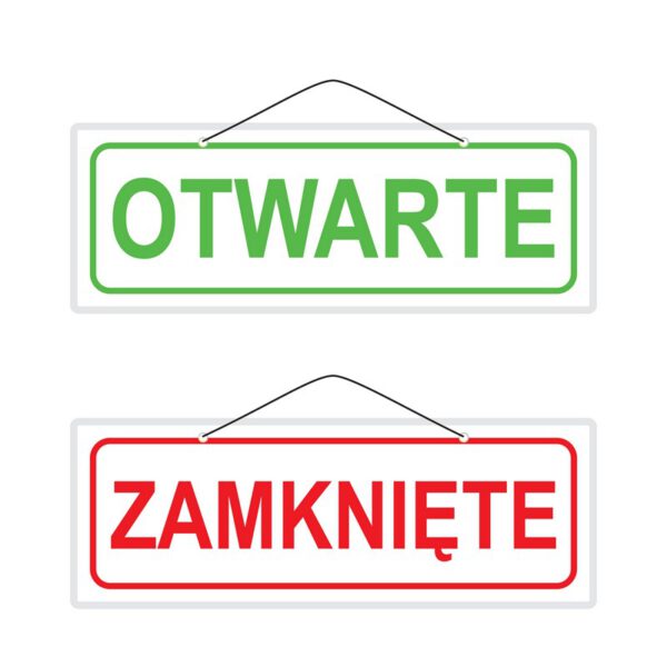 Zielony napis "OTWARTE", czerwony napis "ZAMKNIĘTE" na białym tle w ramce z zaokrąglonymi rogami.