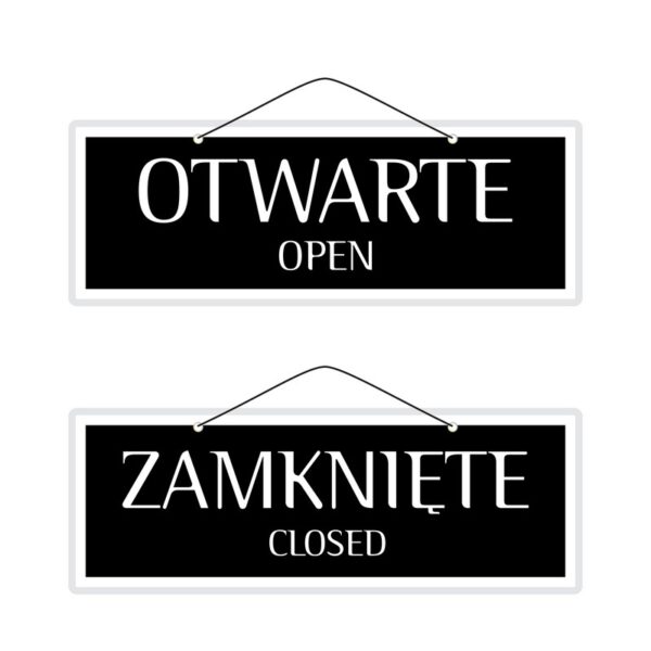 Tabliczka "OTWARTE OPEN / ZAMKNIETE CLOSED wersja 6F białe napisy na czarnym tle z biała ramką