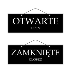 Tabliczka laminowana OTWARTE OPEN / ZAMKNIĘTE CLOSED wersja nr 7B. Białe napisy (czcionka szeryfowa) na czarnym tle.