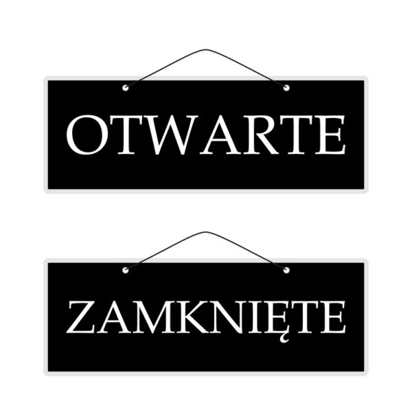 Tabliczka informacyjna OTWARTE / ZAMKNIĘTE  z białymi literami (czcionka szeryfowa) na czarnym tle.